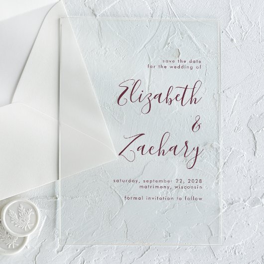 Moderne minimalistische Bourgondische script Save  Acryl Uitnodigingen