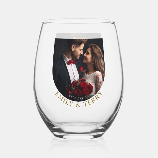 Moderne minimalistische bruid en bruidegom trouwfo wijnglas zonder voet (Achterkant)