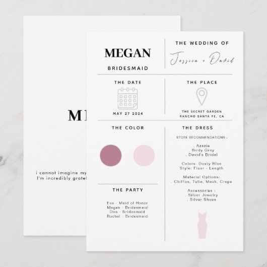 Moderne minimalistische bruidsmeisje info Kaart (Voorkant / Achterkant)