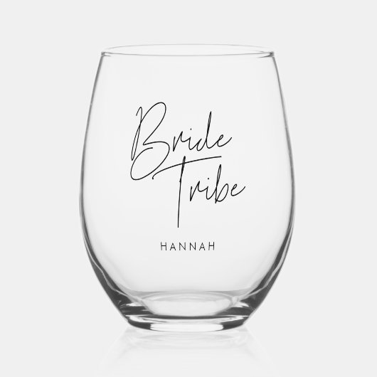 Moderne minimalistische bruidstribe op maat wijnglas zonder voet (Voorkant)