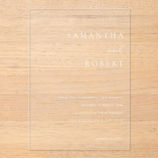 Moderne minimalistische bruiloft acryl uitnodigingen (Voorkant)