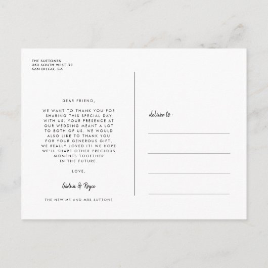 Moderne minimalistische bruiloft Dank u foto Briefkaart (Achterkant)