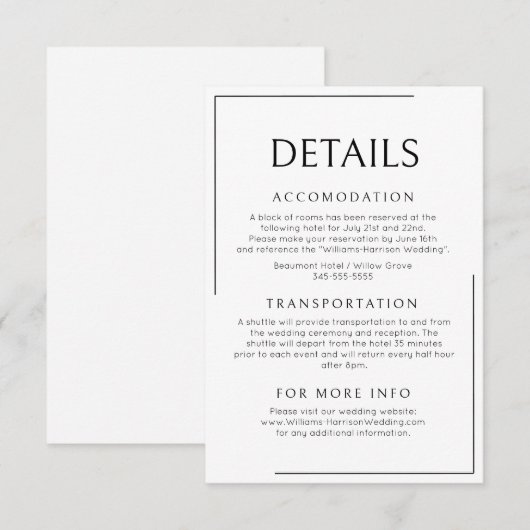 Moderne minimalistische bruiloft - details informatiekaartje (Voorkant / Achterkant)