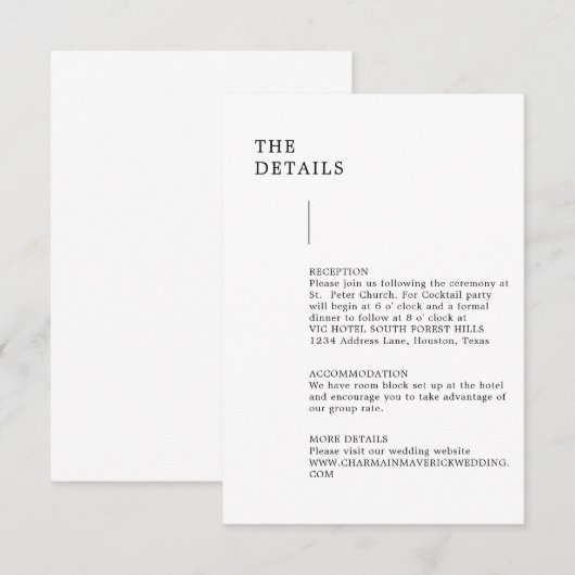 Moderne minimalistische bruiloft - details informatiekaartje (Voorkant / Achterkant)