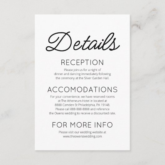 Moderne minimalistische bruiloft details informatiekaartje (Voorkant)
