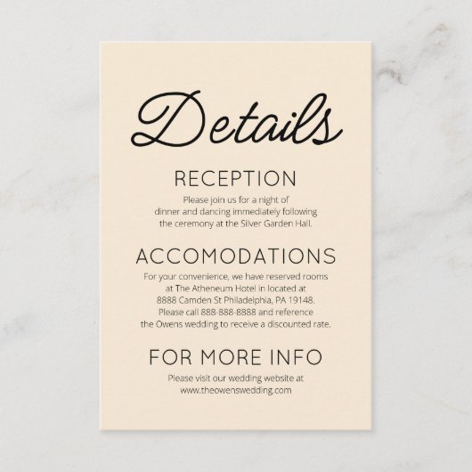 Moderne minimalistische bruiloft details informatiekaartje (Voorkant)