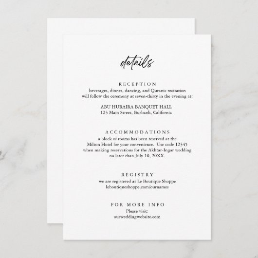 Moderne minimalistische bruiloft - details informatiekaartje (Voorkant / Achterkant)