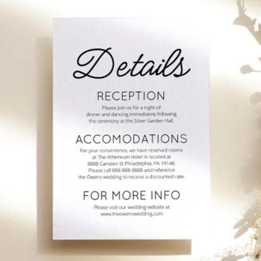 Moderne minimalistische bruiloft details informatiekaartje