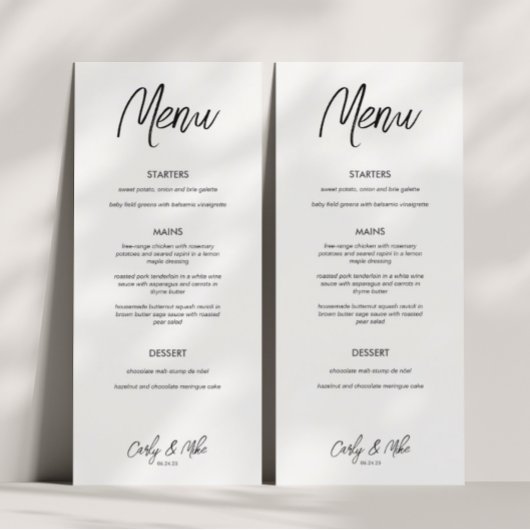Moderne minimalistische bruiloft diner menu Kaarte