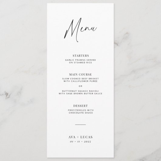 Moderne minimalistische bruiloft drie gangen diner menu (Voorkant)