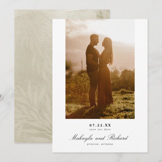 Moderne minimalistische bruiloft foto save the date (Voorkant / Achterkant)