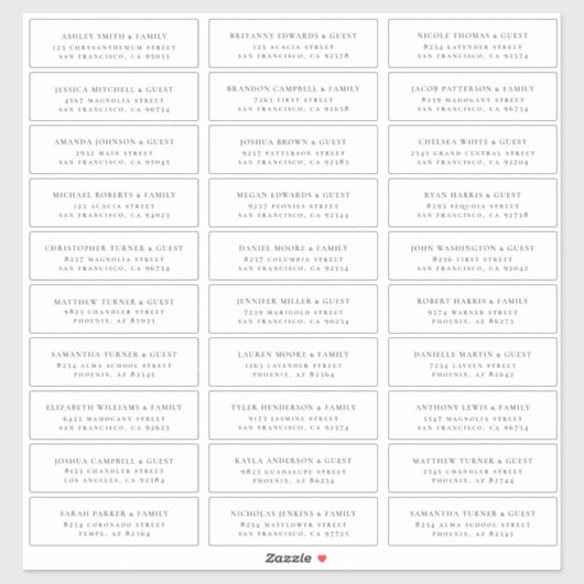 Moderne minimalistische bruiloft gastnamen Adres Sticker (Vel)