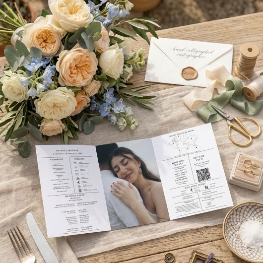 Moderne minimalistische bruiloft infographic progr drieluik uitnodiging