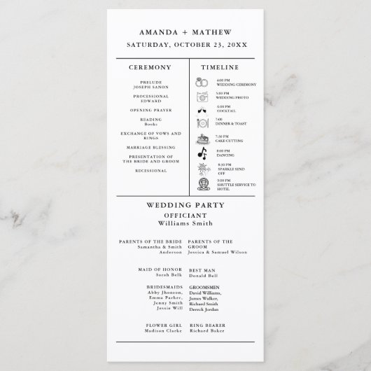 Moderne minimalistische bruiloft infographic progr programmakaart (Voorkant)