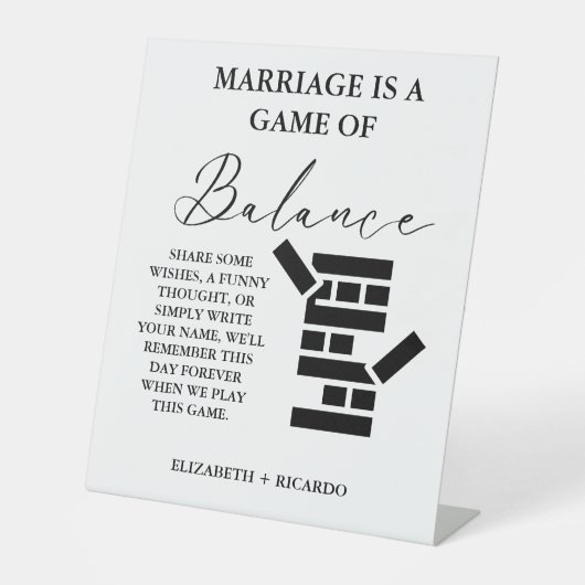 Moderne minimalistische bruiloft Jenga Gastenboek  Reclamebord Met Voetstuk (Voorkant)