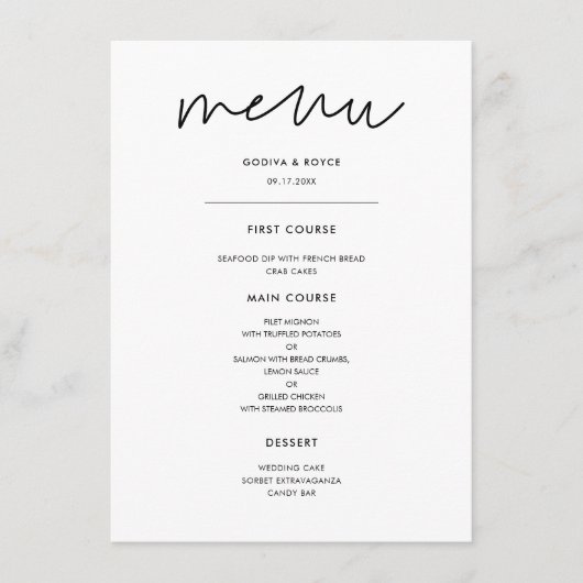 Moderne minimalistische bruiloft menu (Voorkant)