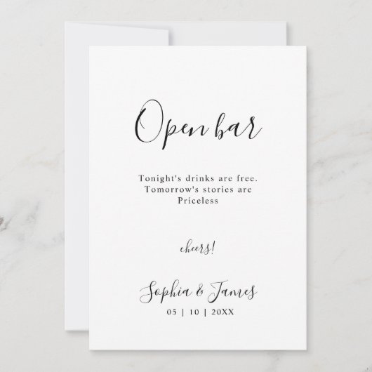 Moderne minimalistische bruiloft open bar teken kaart (Voorkant)