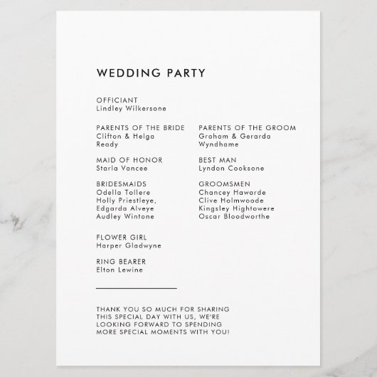 Moderne minimalistische bruiloft programmakaart (Achterkant)