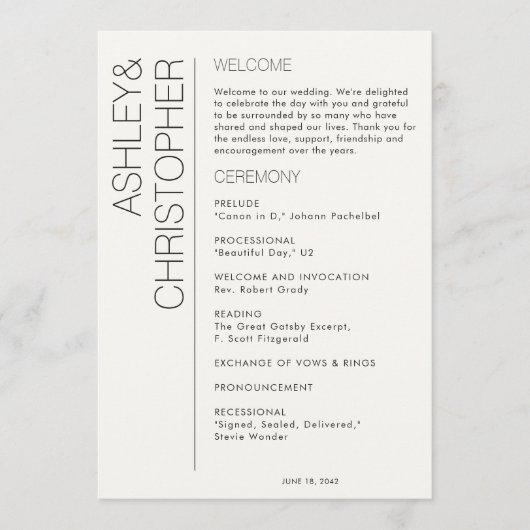 Moderne minimalistische bruiloft programmakaart (Voorkant)