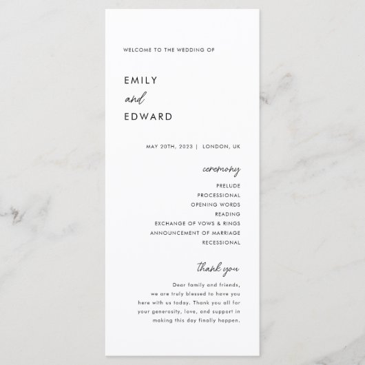 Moderne minimalistische bruiloft programmakaart (Voorkant)