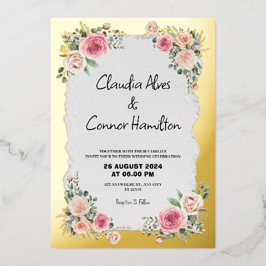 Moderne & Minimalistische Bruiloft Roos Gouden Ran Folie Uitnodiging (Voorkant)