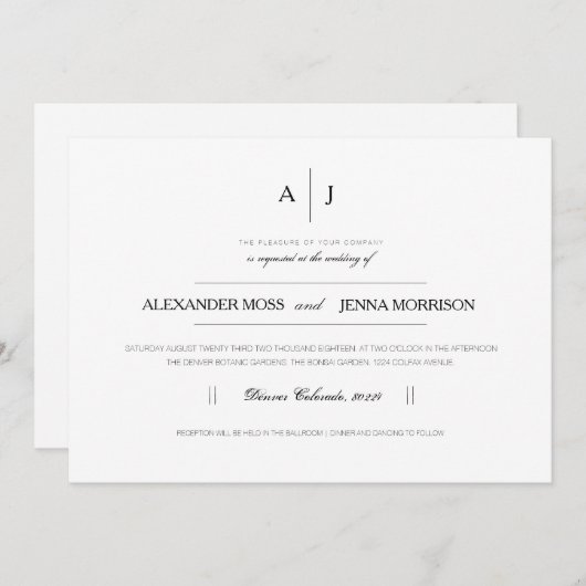 Moderne & minimalistische bruiloft uitnodigen kaart (Voorkant / Achterkant)