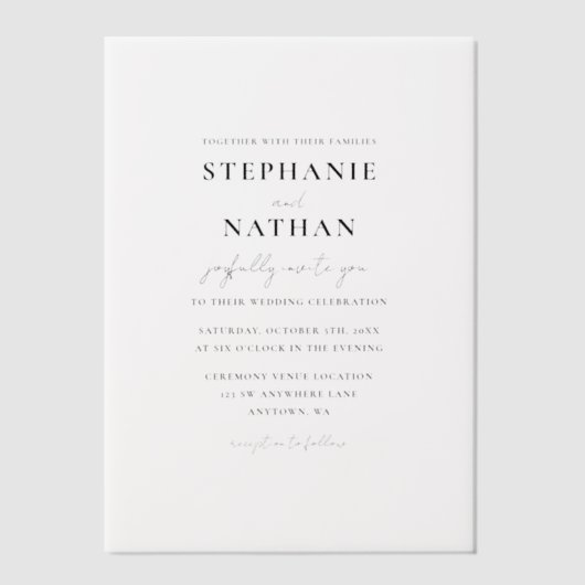 Moderne minimalistische bruiloft vellum uitnodigingen (Voorkant)