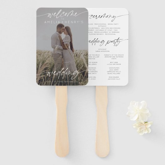 Moderne minimalistische bruiloft welkom | Donkere  Handwaaier (Voorkant en achterkant)