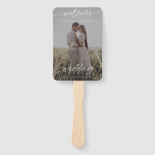 Moderne minimalistische bruiloft welkom | Donkere  Handwaaier (Voorkant)