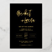 Moderne, minimalistische bruiloft zwart en goud folie uitnodiging (Voorkant)