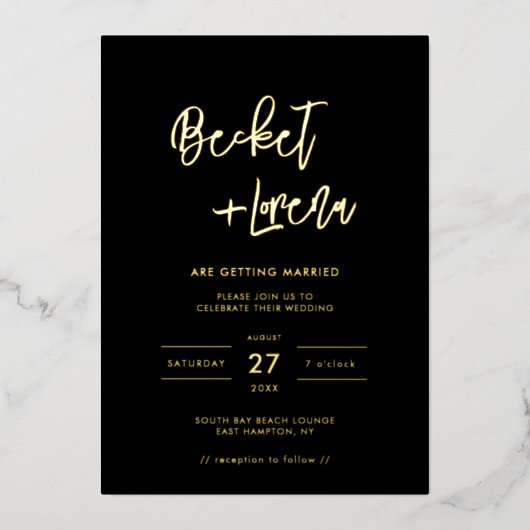 Moderne, minimalistische bruiloft zwart en goud folie uitnodiging (Voorkant)