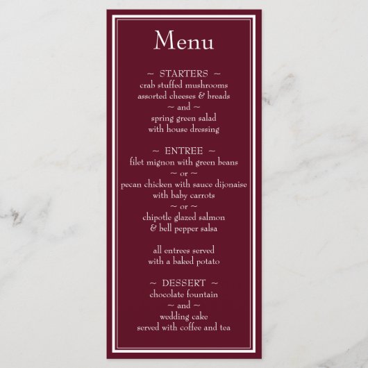Moderne Minimalistische Burgundy Trouwmenu met Ran Menu (Voorkant)