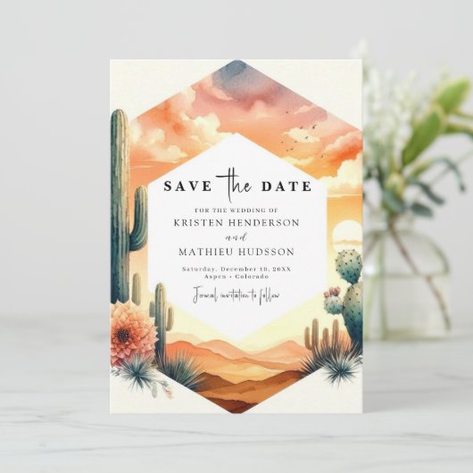 Moderne minimalistische cactus bruiloft save the date (Staand voorkant)