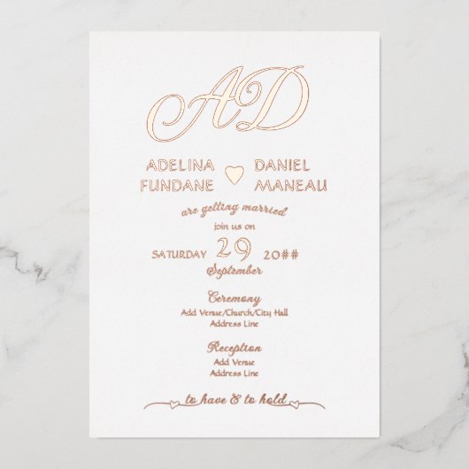 Moderne Minimalistische Calligrafie Hart Wit & Gou Folie Uitnodiging (Voorkant)