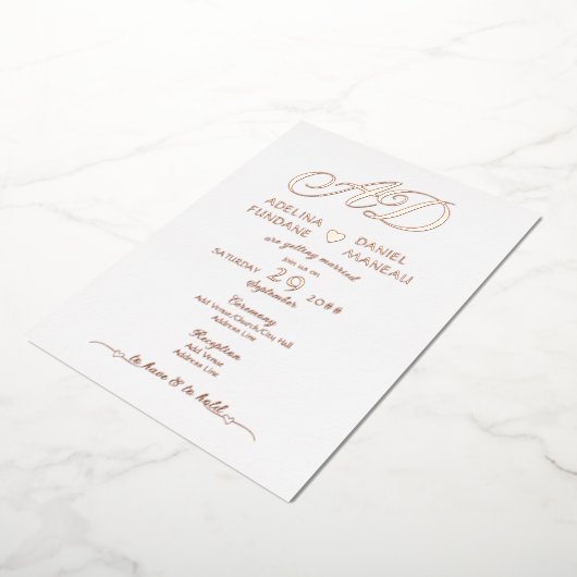 Moderne Minimalistische Calligrafie Hart Wit & Gou Folie Uitnodiging (Gedraaid)