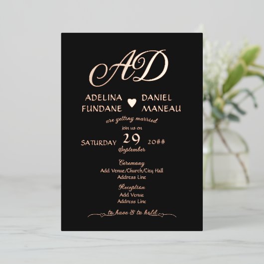 Moderne Minimalistische Calligrafie Hart Zwart & G Folie Uitnodiging (Staand Voorkant)