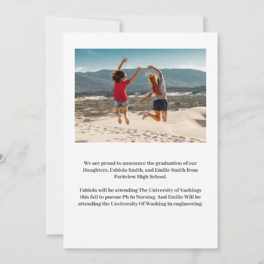 Moderne minimalistische Casual foto Twin afstudere Aankondiging (Achterkant)