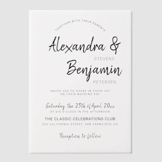 Moderne minimalistische casual script bruiloft ove vellum uitnodigingen (Voorkant)