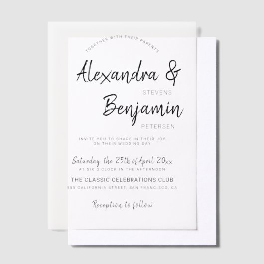 Moderne minimalistische casual script bruiloft ove vellum uitnodigingen (Offset)