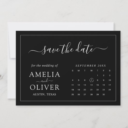 Moderne Minimalistische Chic Strakke Zwarte Kalend Save The Date (Voorkant)