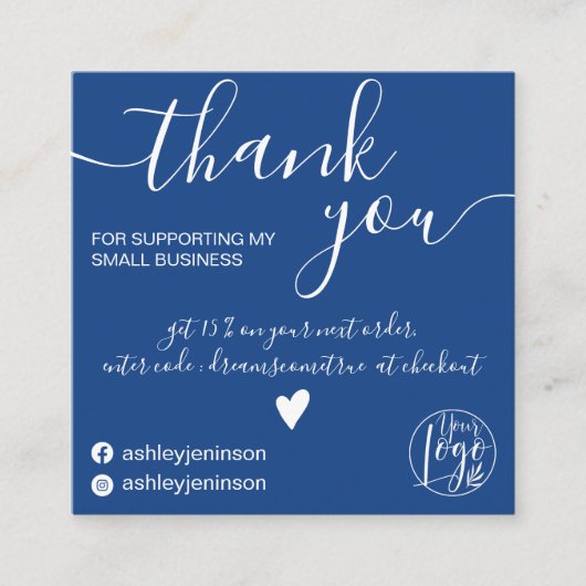 Moderne minimalistische chique blauwe orde dank u vierkante visitekaartje (Voorkant)