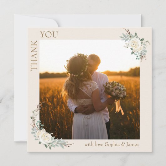 Moderne minimalistische crème goud bloemenbruiloft bedankkaart (Voorkant)