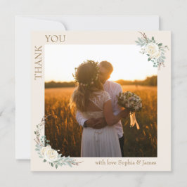 Moderne minimalistische crème goud bloemenbruiloft bedankkaart