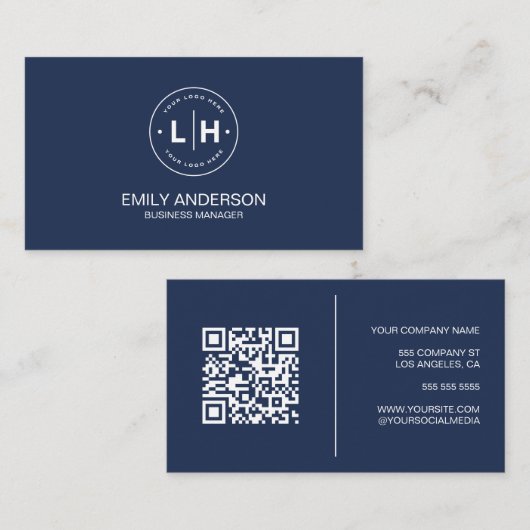 Moderne Minimalistische Custom Logo QR Navy Blue Visitekaartje (Voorkant / Achterkant)