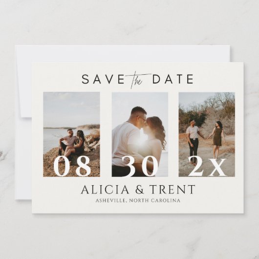 Moderne Minimalistische datumoverlay met 3 foto's Save The Date (Voorkant)