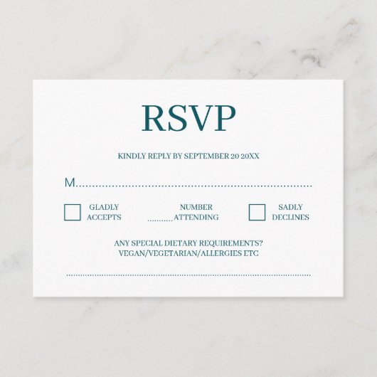 Moderne Minimalistische Diep Teal Trouw-RSVP Informatiekaartje (Voorkant)