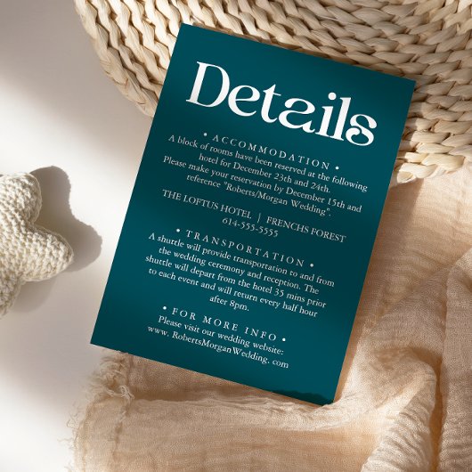Moderne minimalistische diepe Blauwgroen bruiloft  Informatiekaartje