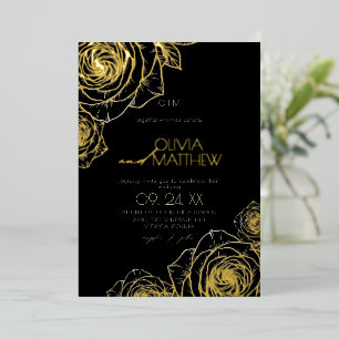 Moderne Minimalistische Donkere Bloemen Gouden Roo Folie Uitnodiging