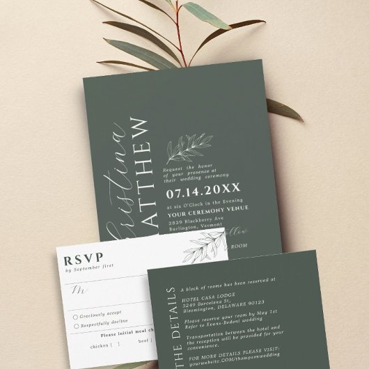 Moderne minimalistische donkergroene bruiloft kaart