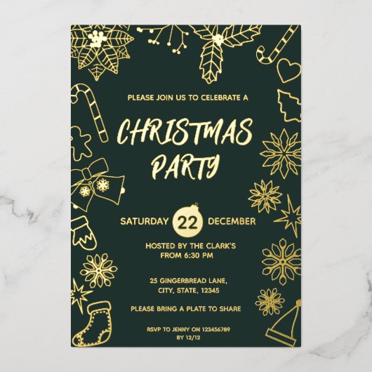 Moderne Minimalistische Donkergroene en Gouden Ele Folie Uitnodiging (Voorkant)